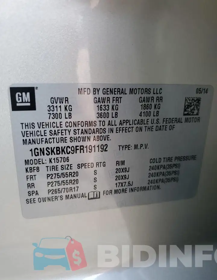1GNSKBKC9FR191192 Photo# 13
