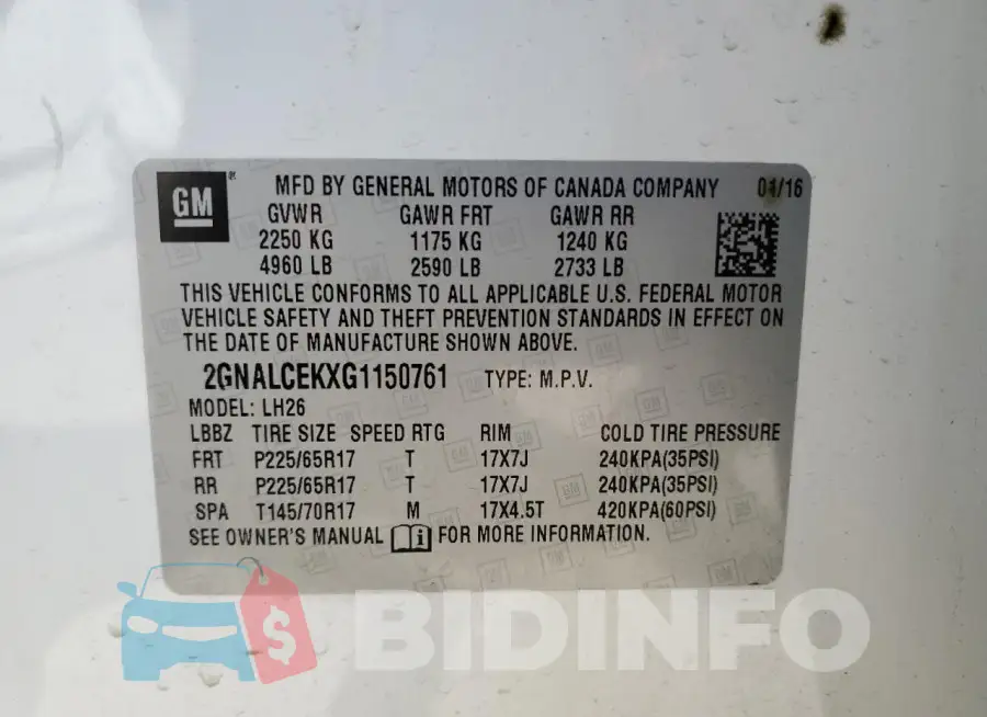 2GNALCEKXG1150761 Photo# 13
