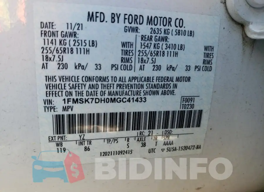 1FMSK7DH0MGC41433 Photo# 13