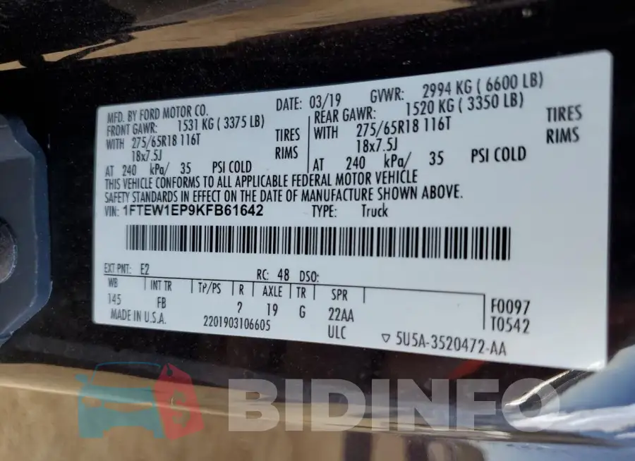 1FTEW1EP9KFB61642 Photo# 13