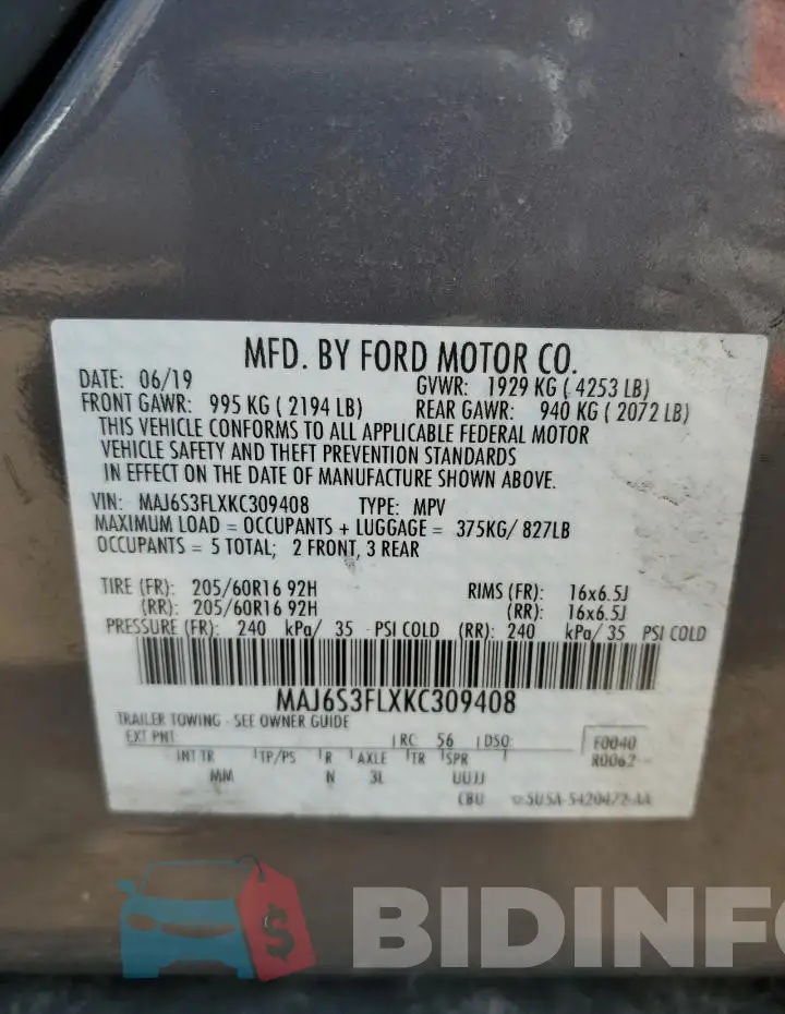 MAJ6S3FLXKC309408 Photo# 13