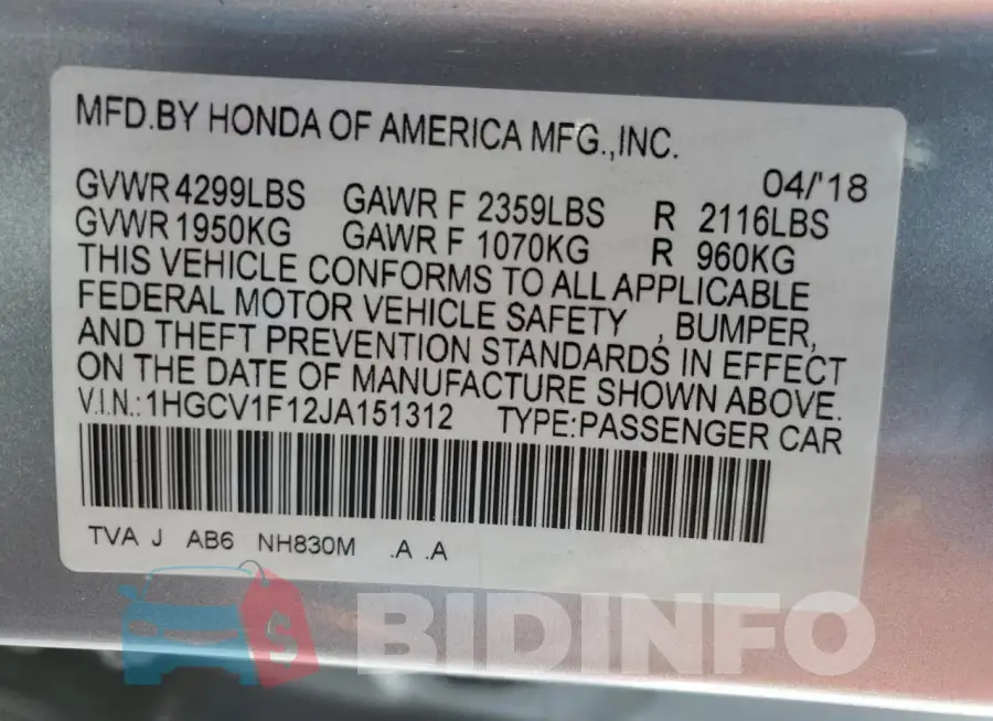1HGCV1F12JA151312 Photo# 12
