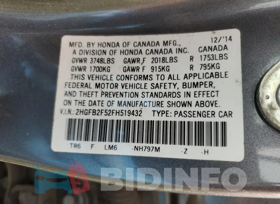 2HGFB2F52FH519432 Photo# 12