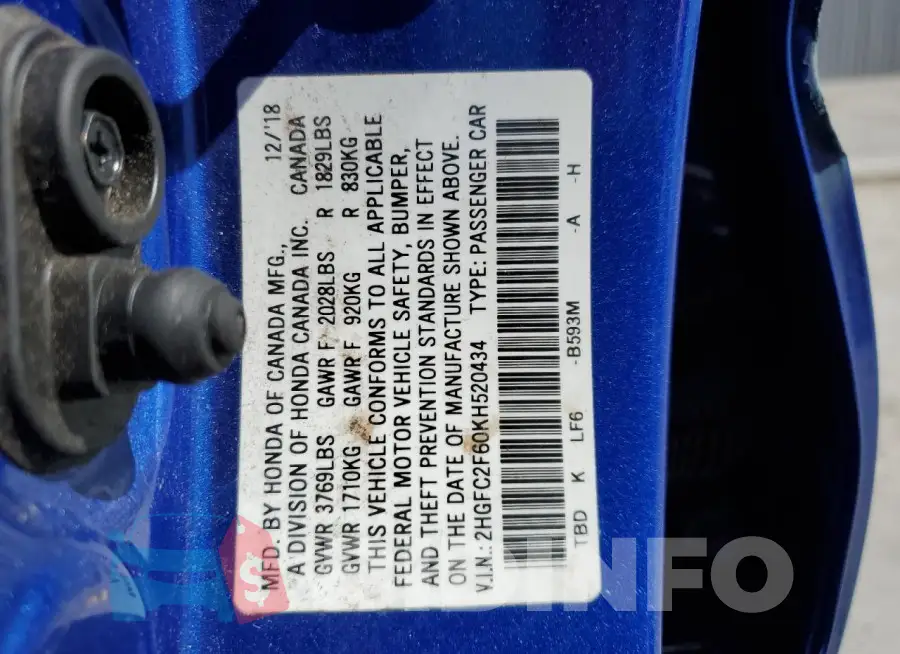 2HGFC2F60KH520434 Photo# 12