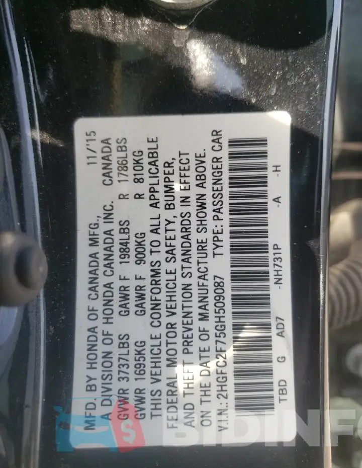 2HGFC2F75GH509087 Photo# 12