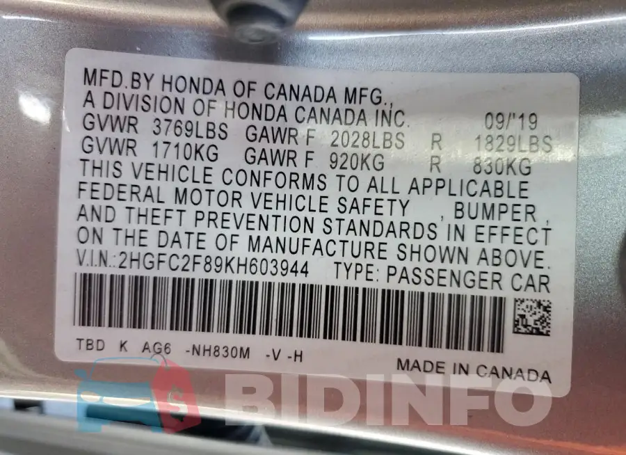 2HGFC2F89KH603944 Photo# 13