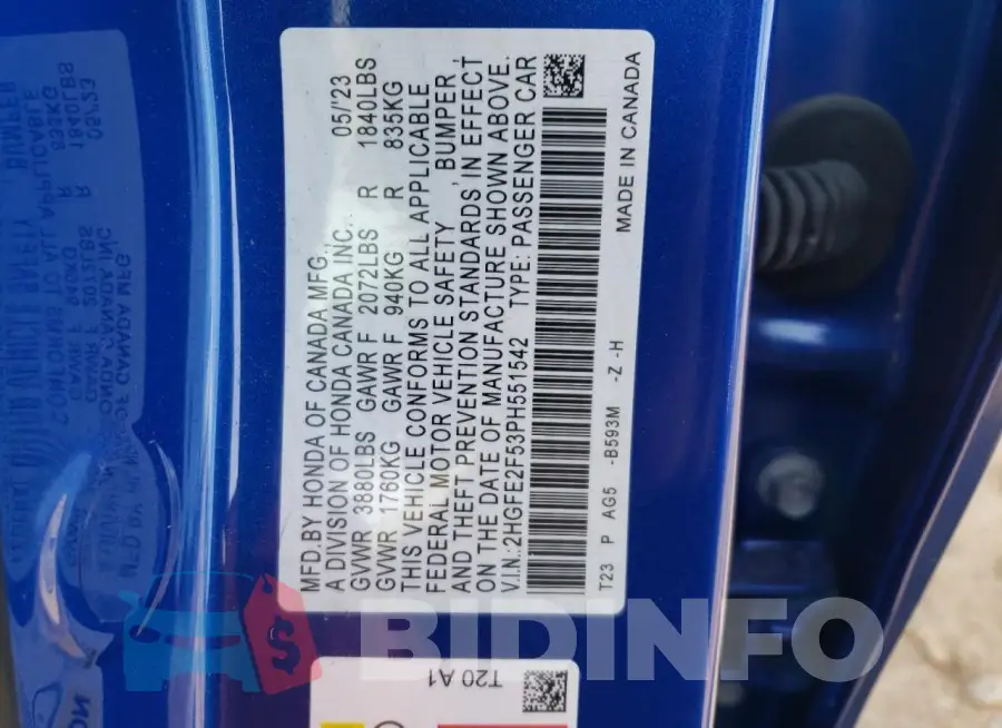 2HGFE2F53PH551542 Photo# 12
