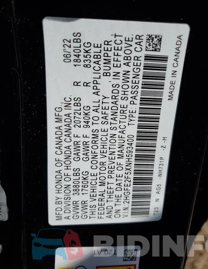 2HGFE2F5XNH593400 Photo# 12