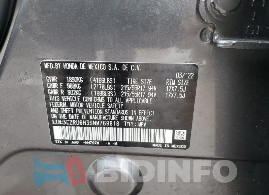 3CZRU6H39NM769818 Photo# 12
