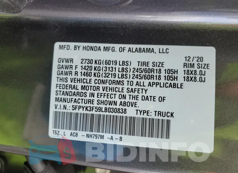 5FPYK3F59LB030838 Photo# 12