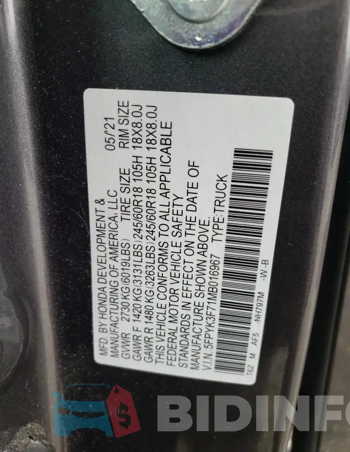 5FPYK3F71MB016967 Photo# 13
