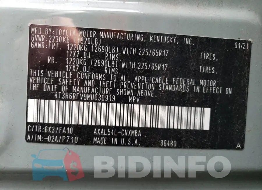 4T3R6RFV9MU030919 Photo# 13