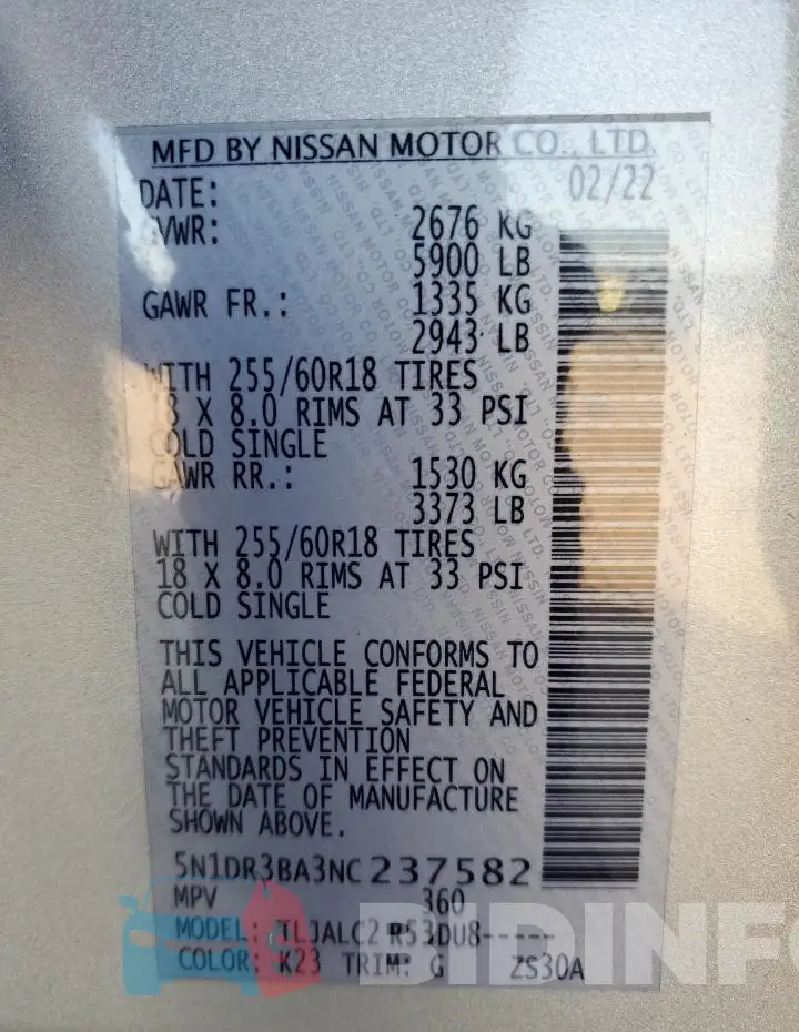5N1DR3BA3NC237582 Photo# 13
