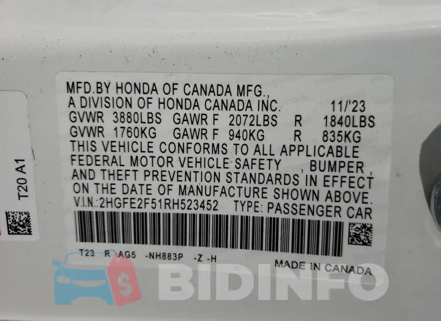 2HGFE2F51RH523452 Photo# 12