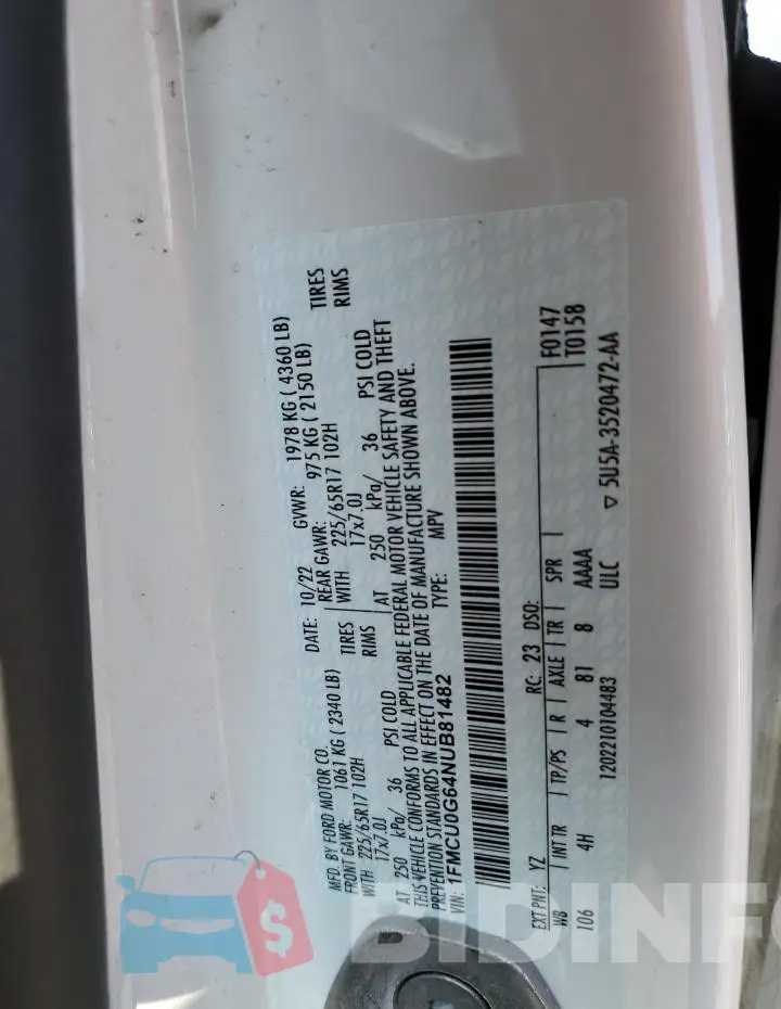 1FMCU0G64NUB81482 Photo# 14