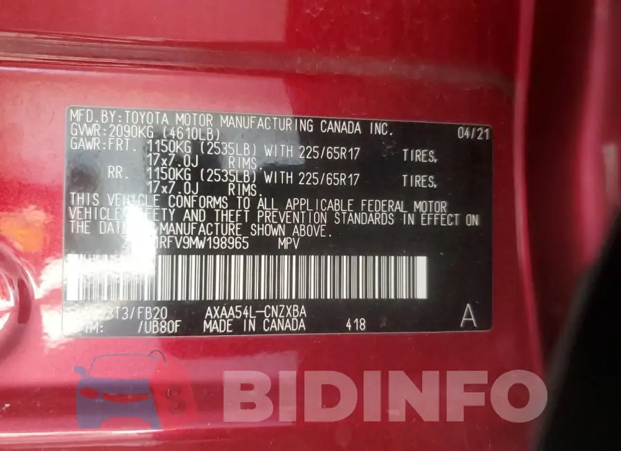 2T3F1RFV9MW198965 Photo# 12