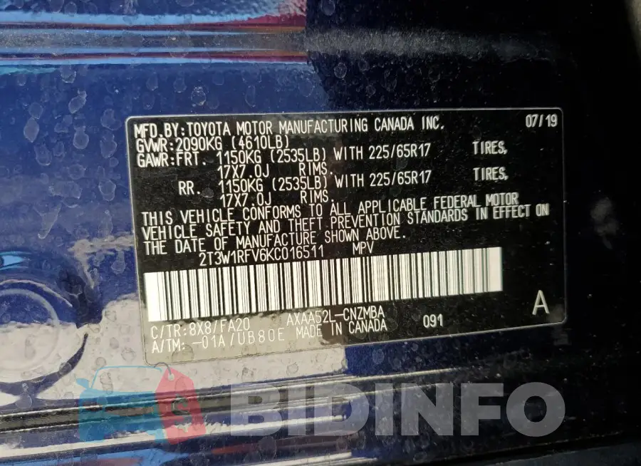 2T3W1RFV6KC016511 Photo# 13