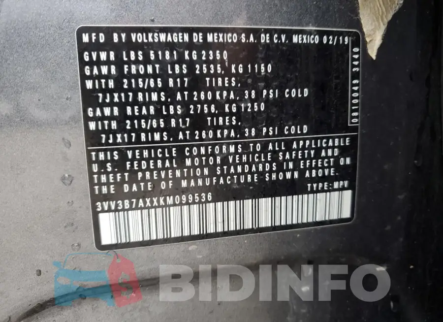 3VV3B7AXXKM099536 Photo# 12