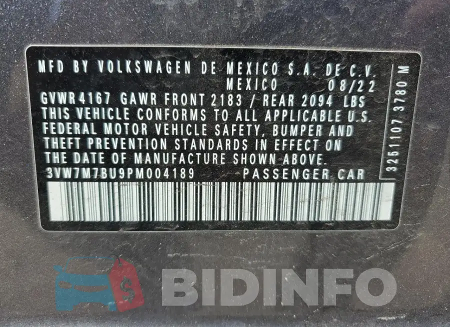 3VW7M7BU9PM004189 Photo# 13