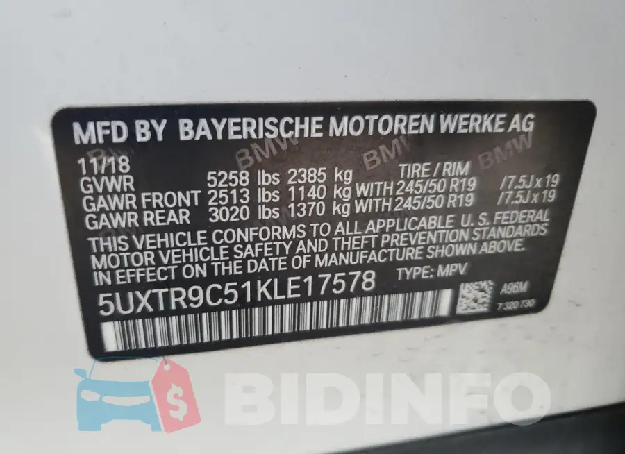5UXTR9C51KLE17578 Photo# 13