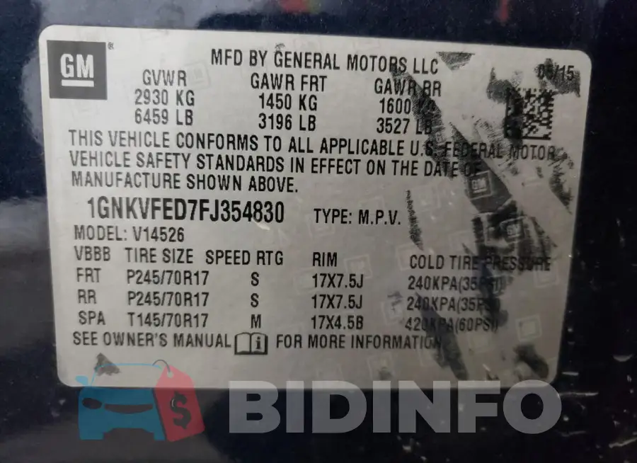 1GNKVFED7FJ354830 Photo# 13