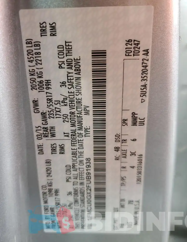 1FMCU0GX2FUB91938 Photo# 14