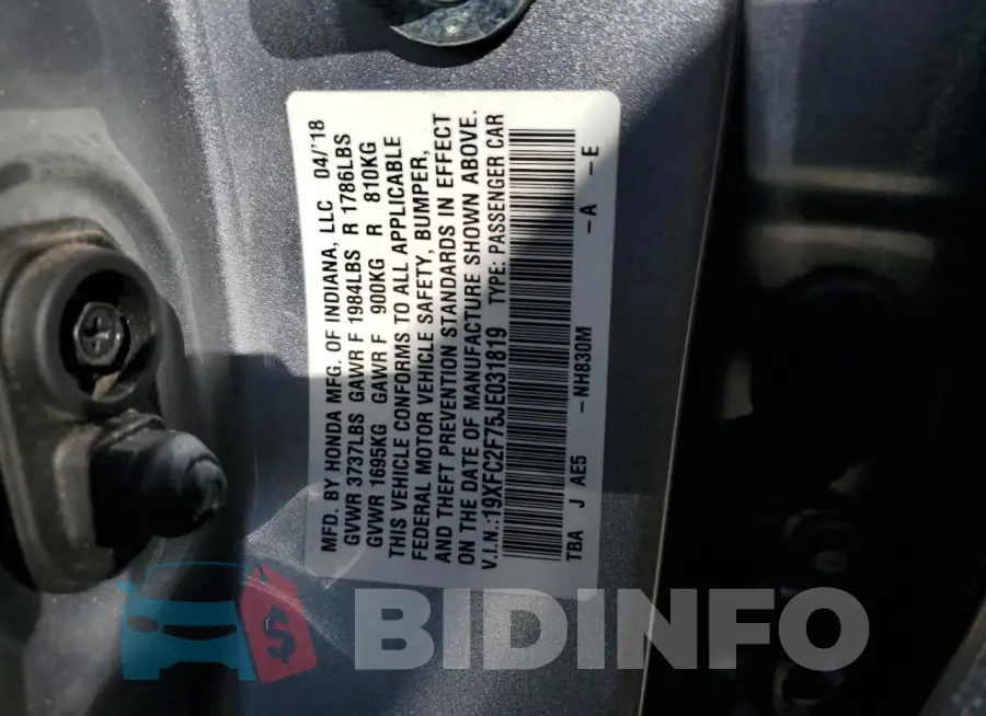 19XFC2F75JE031819 Photo# 12