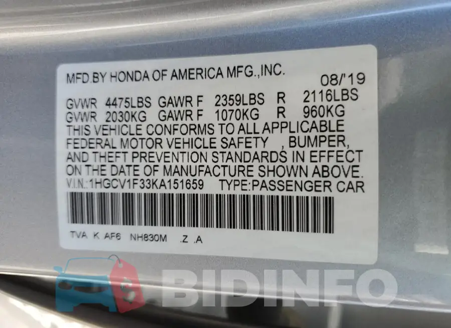 1HGCV1F33KA151659 Photo# 12