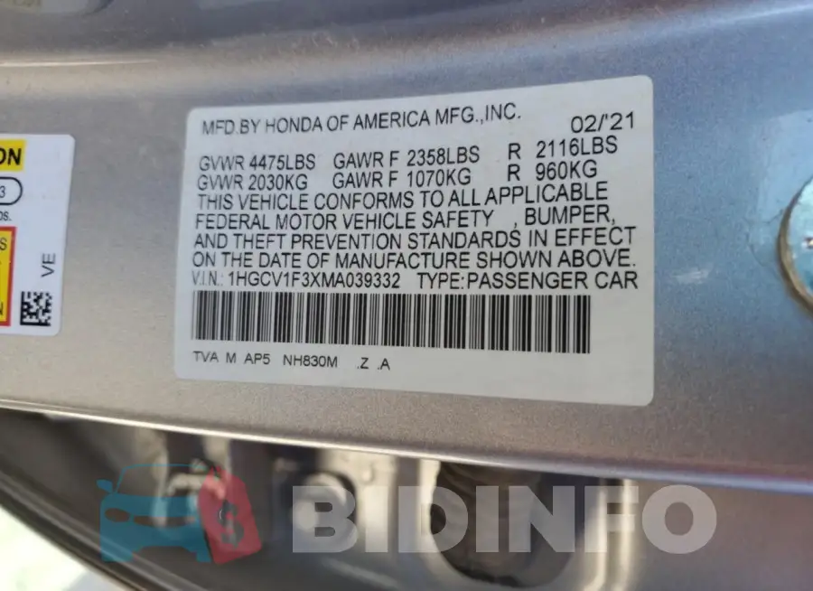 1HGCV1F3XMA039332 Photo# 12