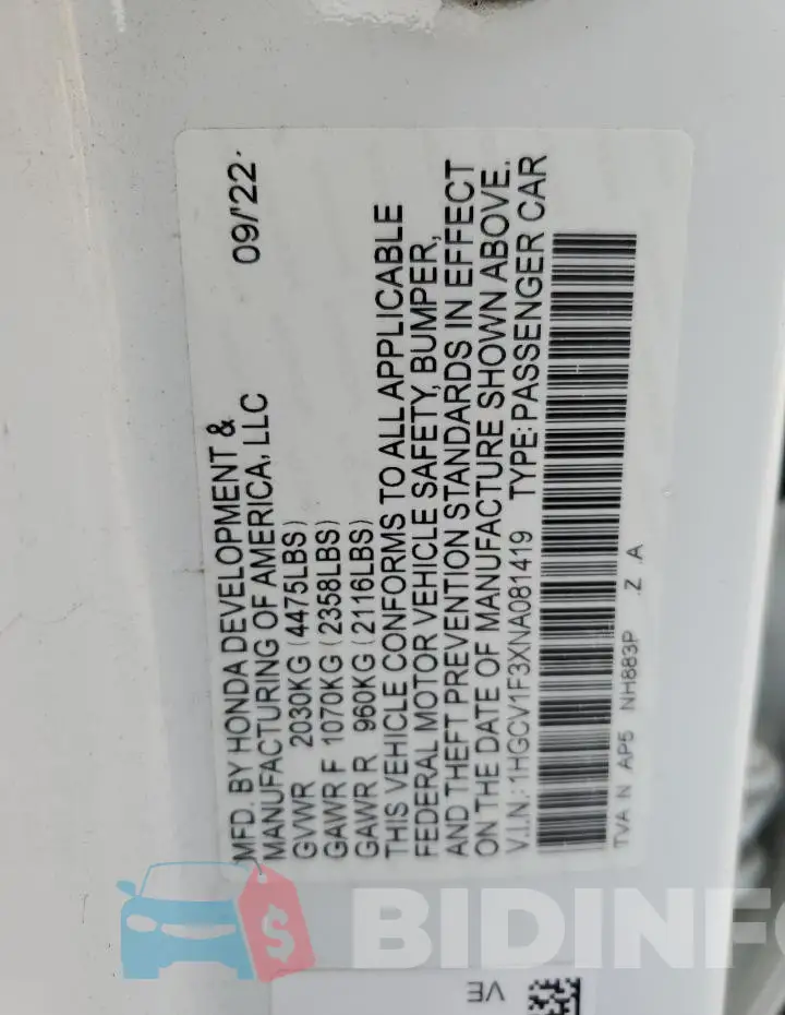 1HGCV1F3XNA081419 Photo# 12