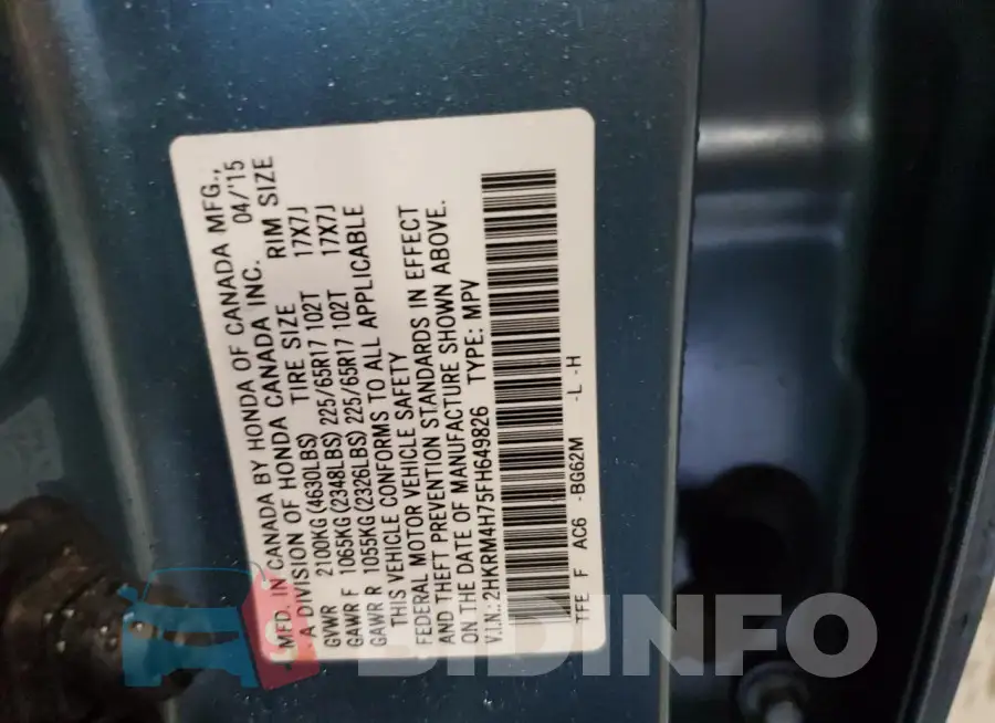 2HKRM4H75FH649826 Photo# 12