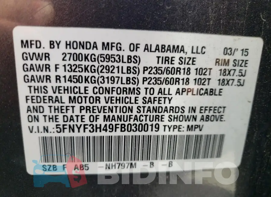 5FNYF3H49FB030019 Photo# 12
