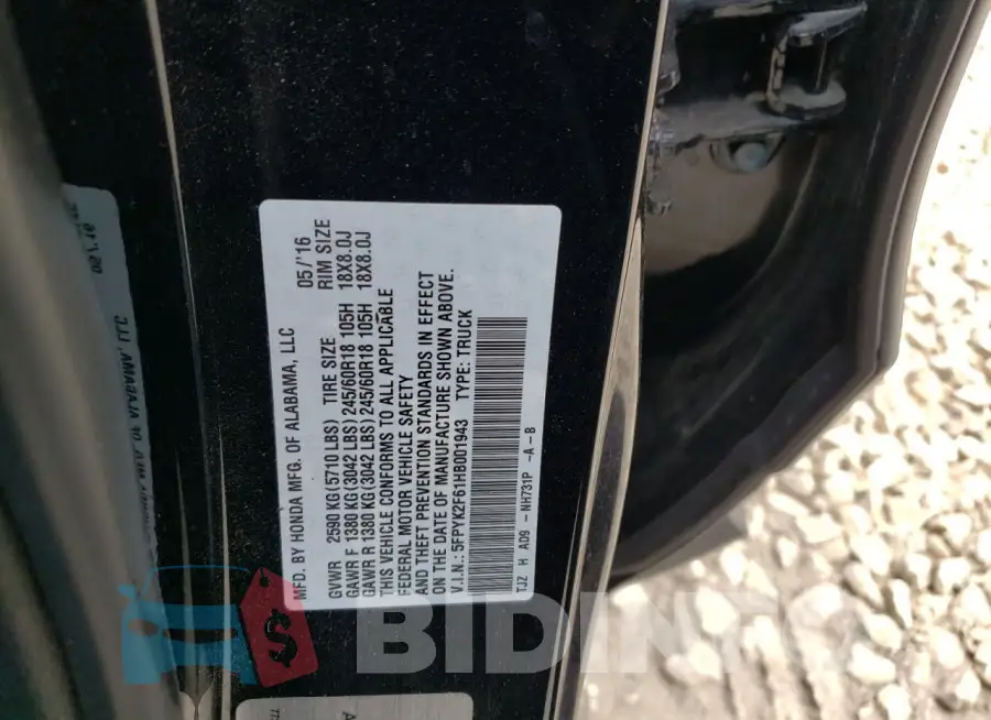 5FPYK2F61HB001943 Photo# 12