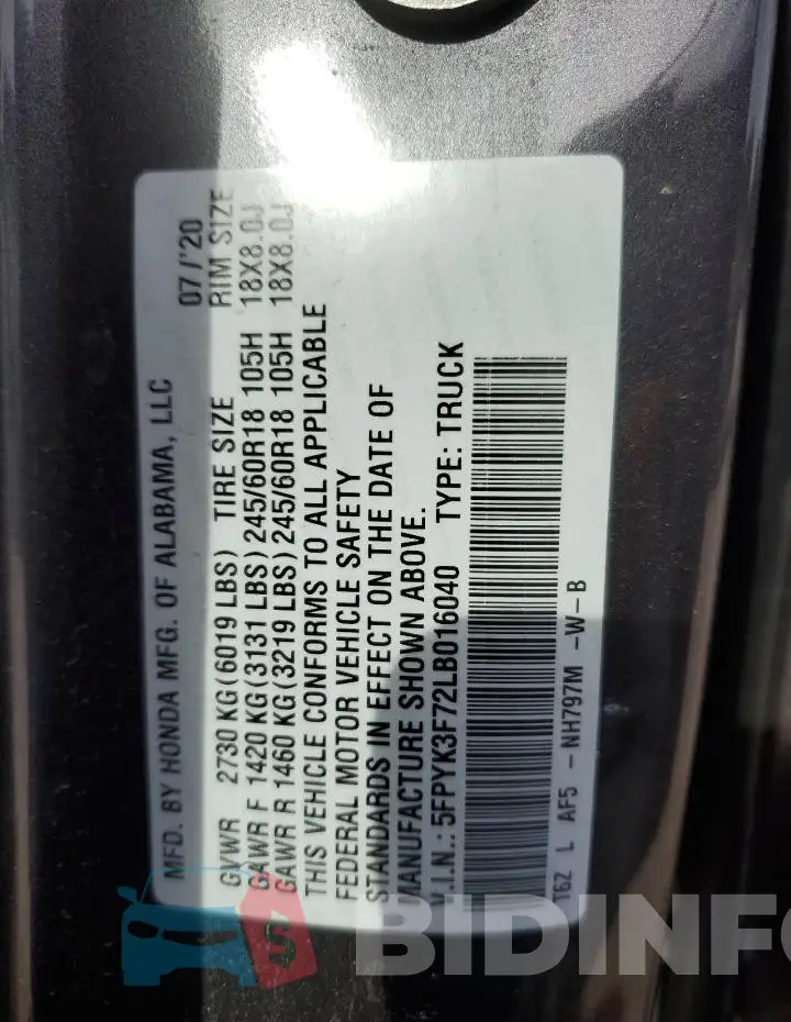 5FPYK3F72LB016040 Photo# 13