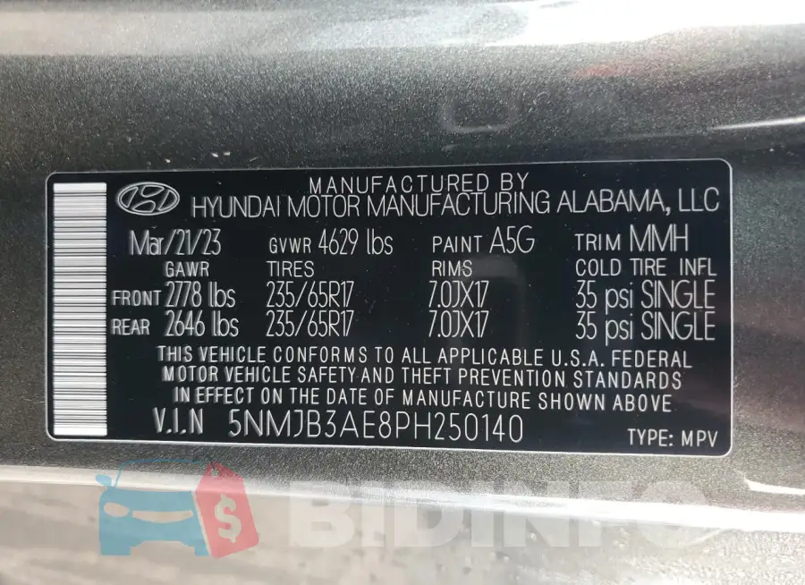 5NMJB3AE8PH250140 Photo# 12