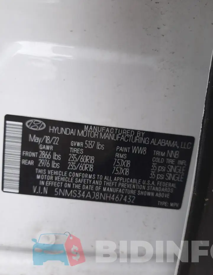 5NMS34AJ8NH467432 Photo# 12