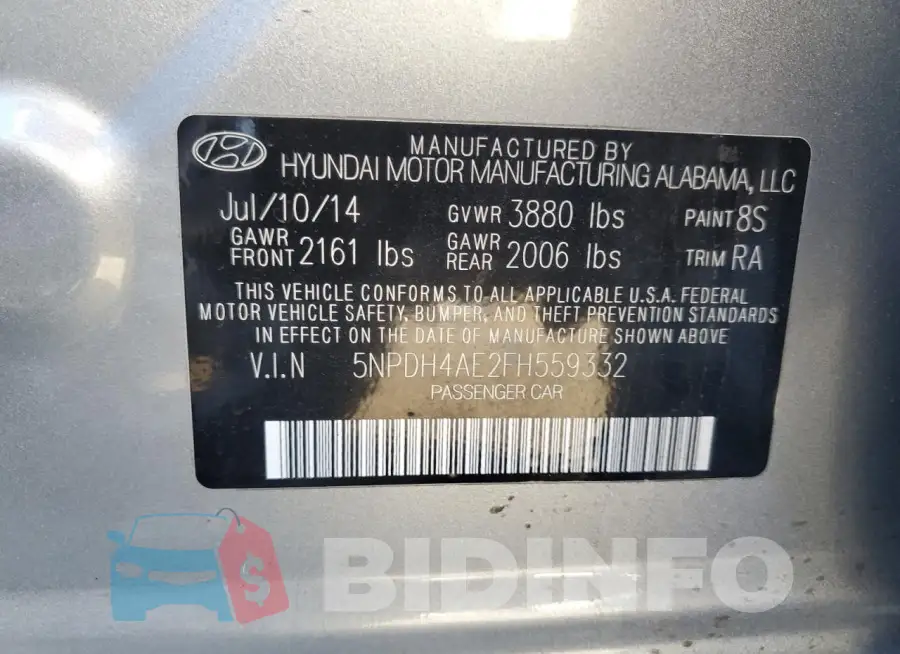 5NPDH4AE2FH559332 Photo# 12