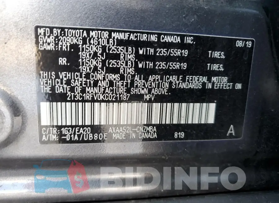 2T3C1RFV0KC021187 Photo# 13