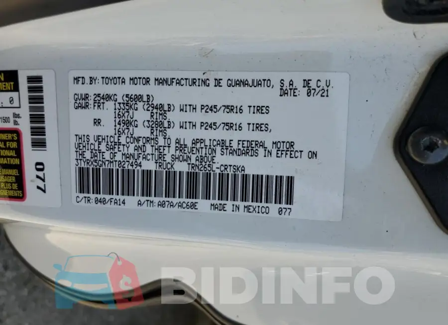3TYRX5GN7MT027494 Photo# 12