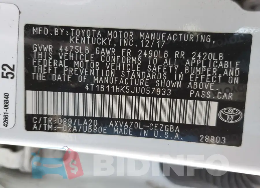4T1B11HK5JU057933 Photo# 12