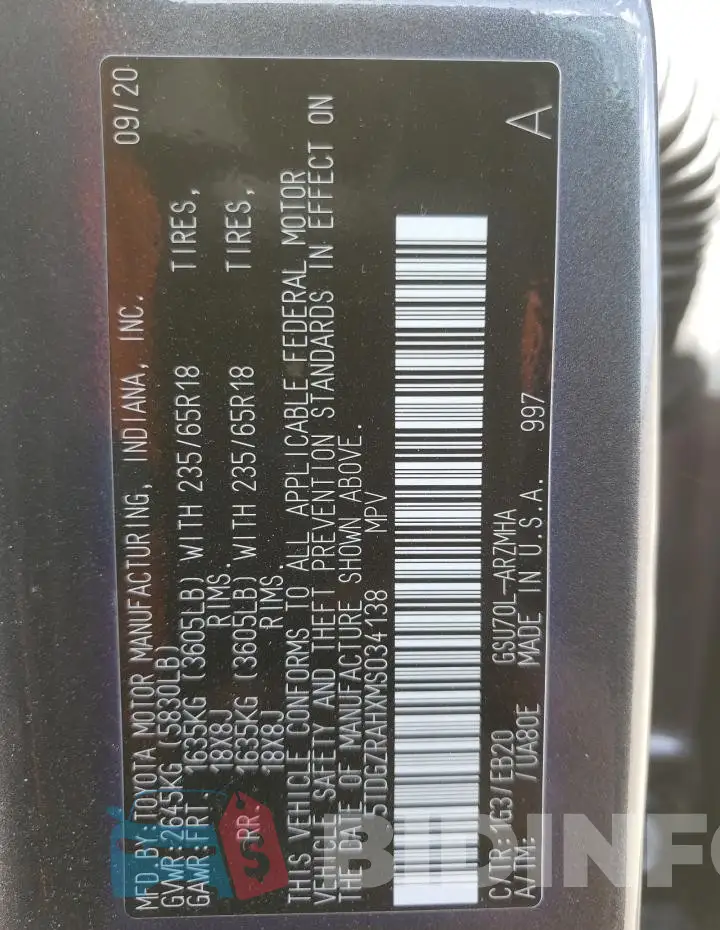5TDGZRAHXMS034138 Photo# 13