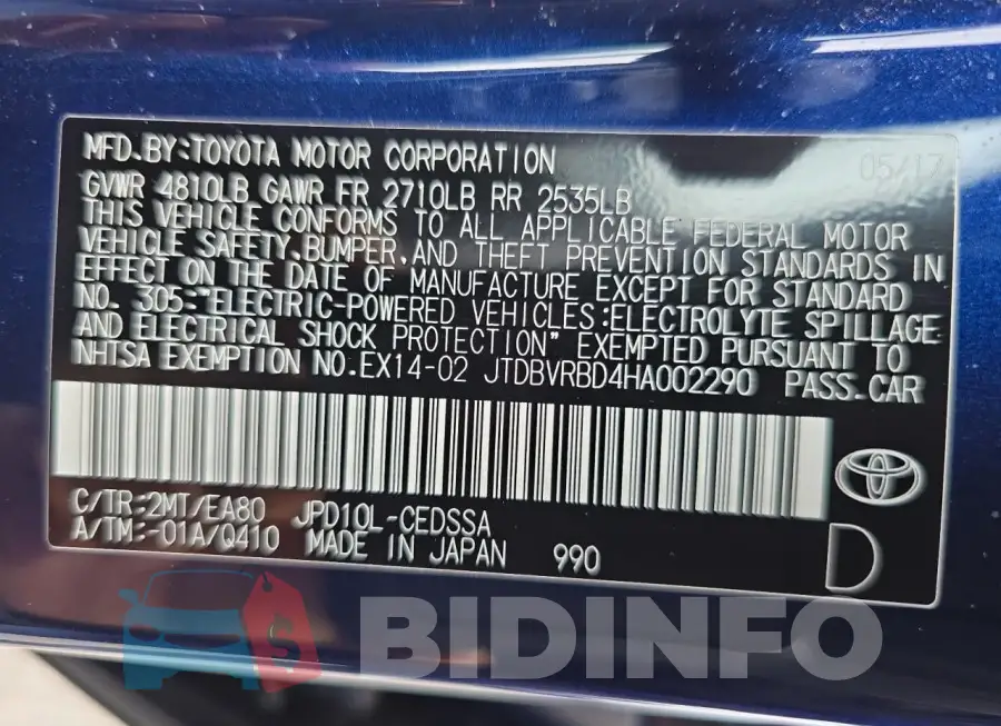 JTDBVRBD4HA002290 Photo# 10