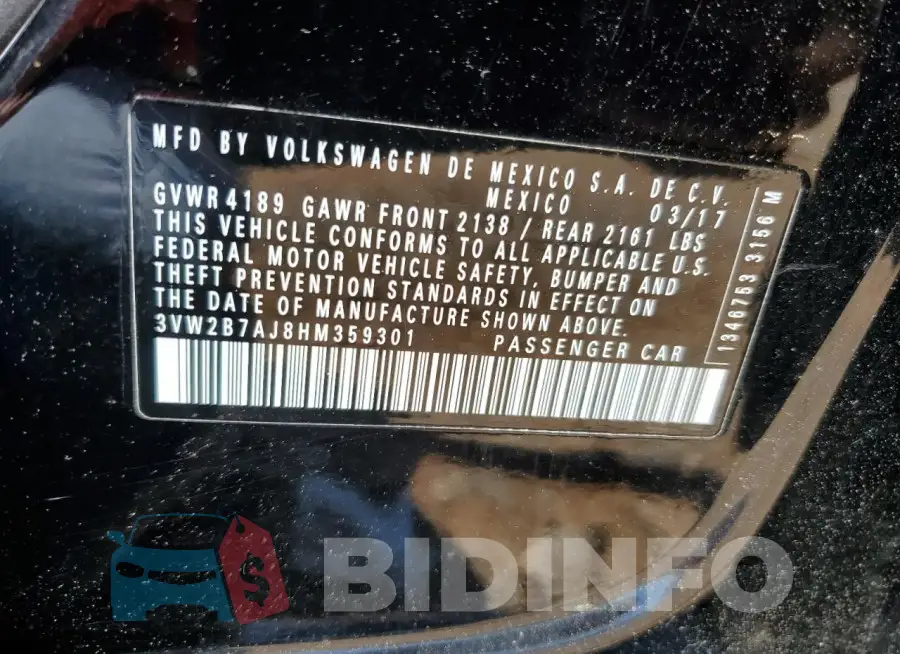 3VW2B7AJ8HM359301 Photo# 12