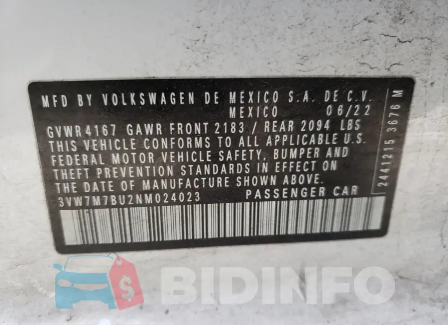 3VW7M7BU2NM024023 Photo# 12