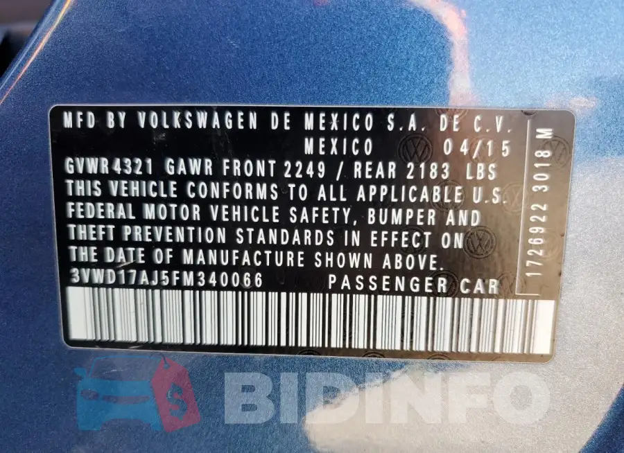 3VWD17AJ5FM340066 Photo# 13