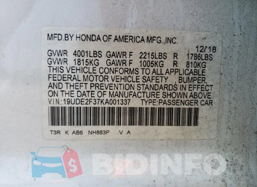 19UDE2F37KA001337 Photo# 12