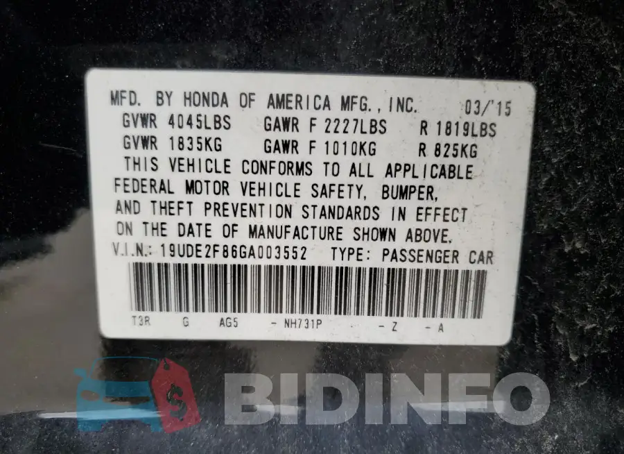 19UDE2F86GA003552 Photo# 12