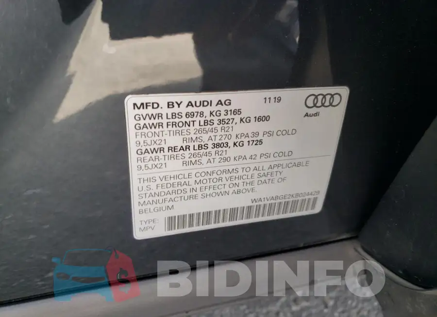 WA1VABGE2KB024429 Photo# 12