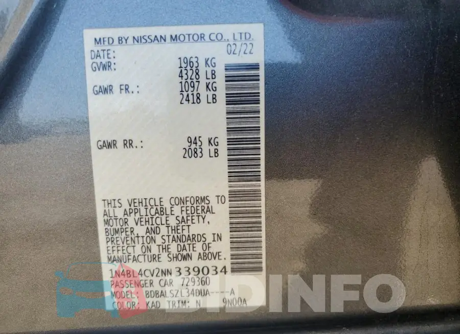 1N4BL4CV2NN339034 Photo# 12