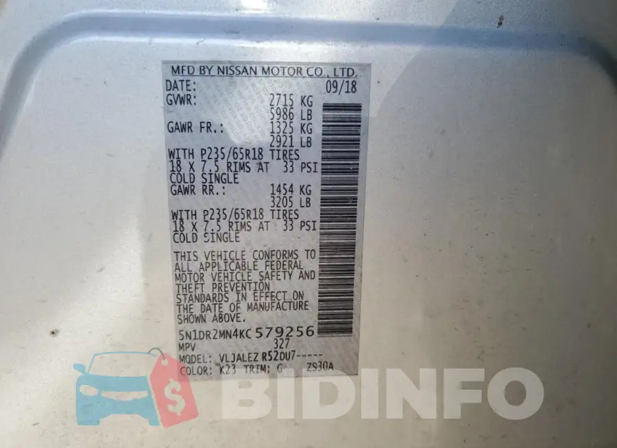 5N1DR2MN4KC579256 Photo# 14